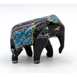 Lacquered Walking Elephant Figurine Hand Painted Mini Animal Sculpture Black 2"